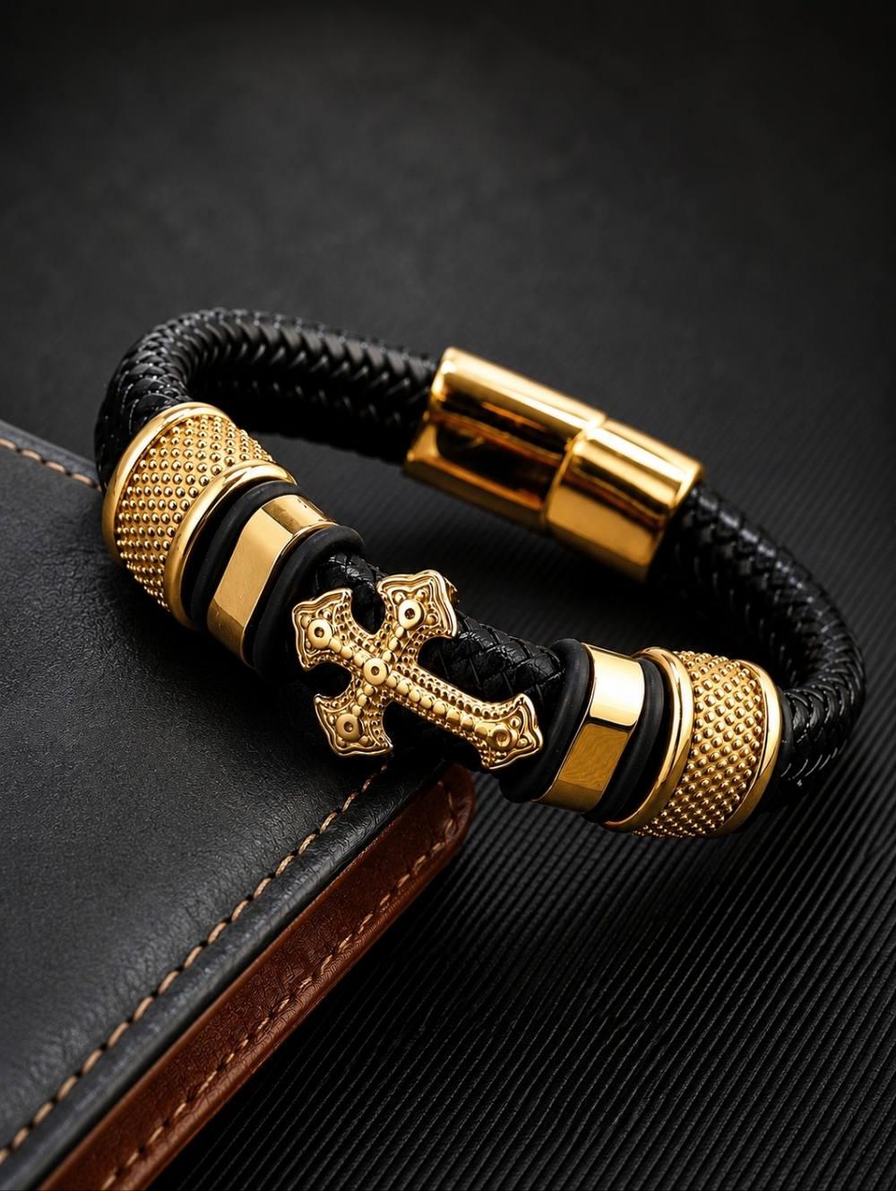 Gold Cross Leather Bracelet